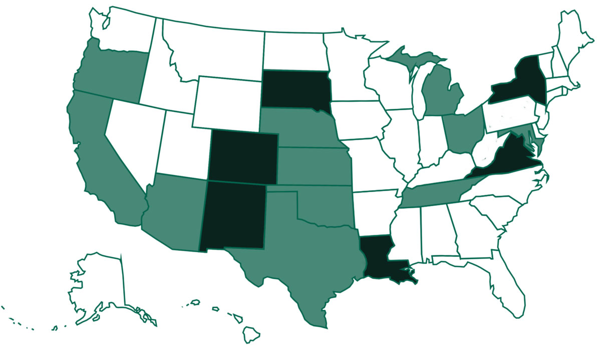 Instructional Resource and Materials Centers use KLAS to provide service in 16 states. Of these, 3 are self-hosted and 11 are Keystone-hosted. Dark green indicates self-hosted installations, while states in light green are Keystone-hosted.