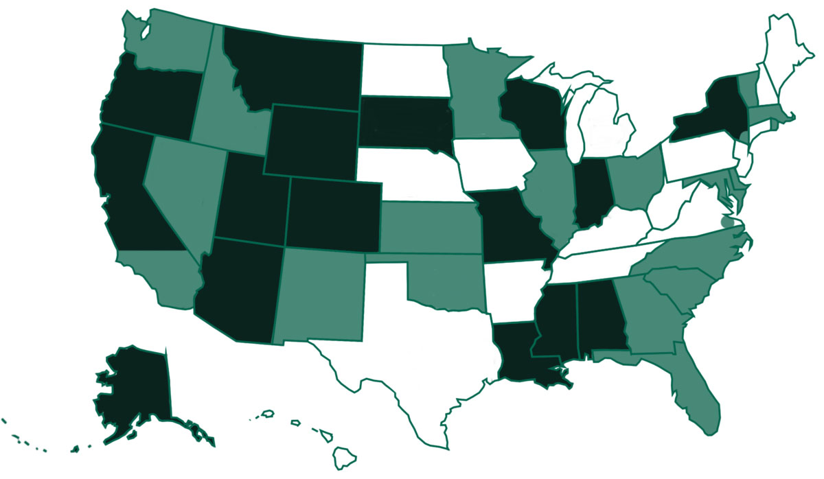 Instructional Resource and Materials Centers use KLAS to provide service in 17 states. Of these, 6 are self-hosted and 11 are Keystone-hosted. Dark green indicates self-hosted installations, while states in light green are Keystone-hosted.